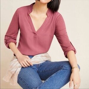 Anthropologie Porridge Aidan V-Neck Roll Tab Sleeves Pullover Blouse Top Size S